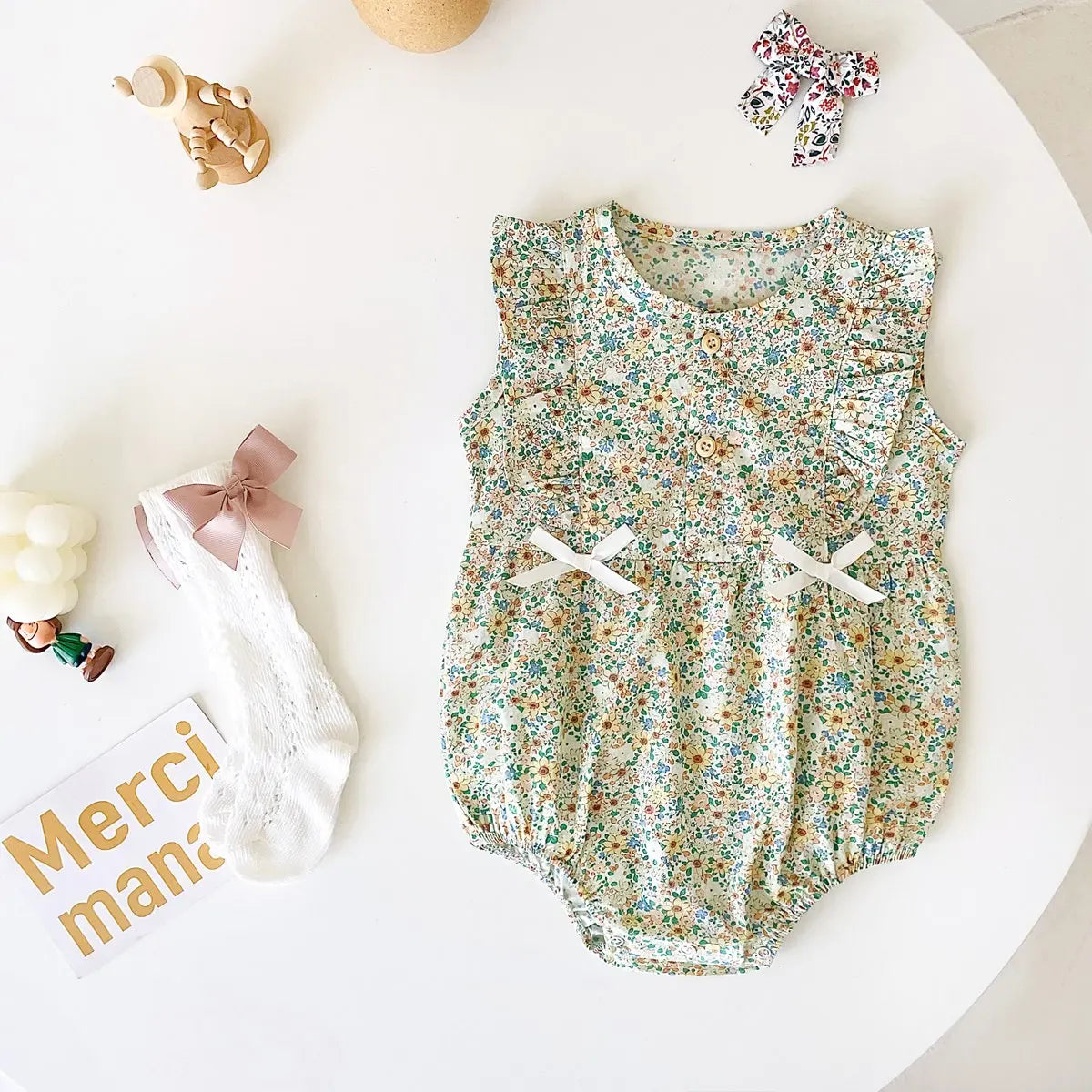 Baby Girl Floral Cotton Sleeveless Bow Bodysuit Romper