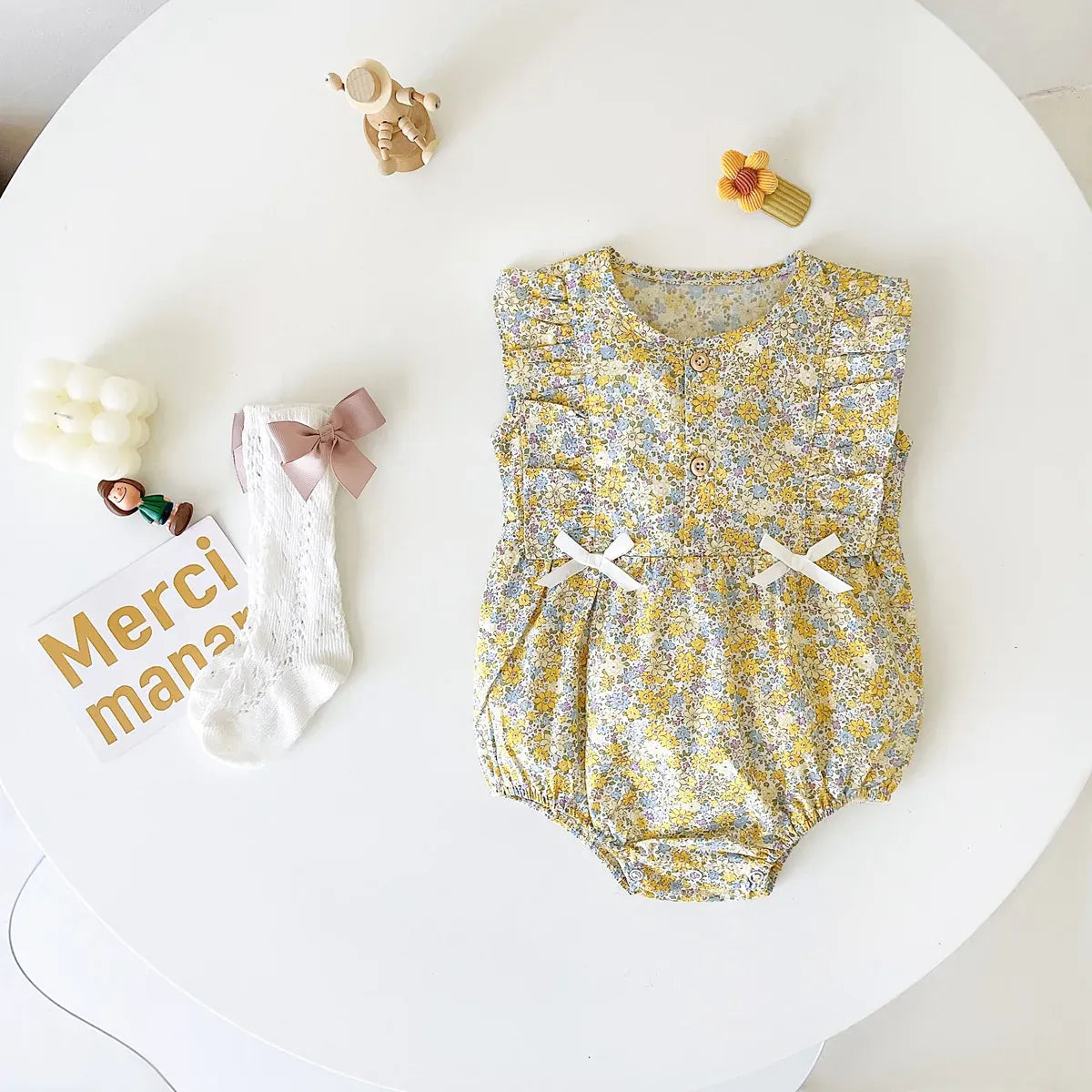 Baby Girl Floral Cotton Sleeveless Bow Bodysuit Romper