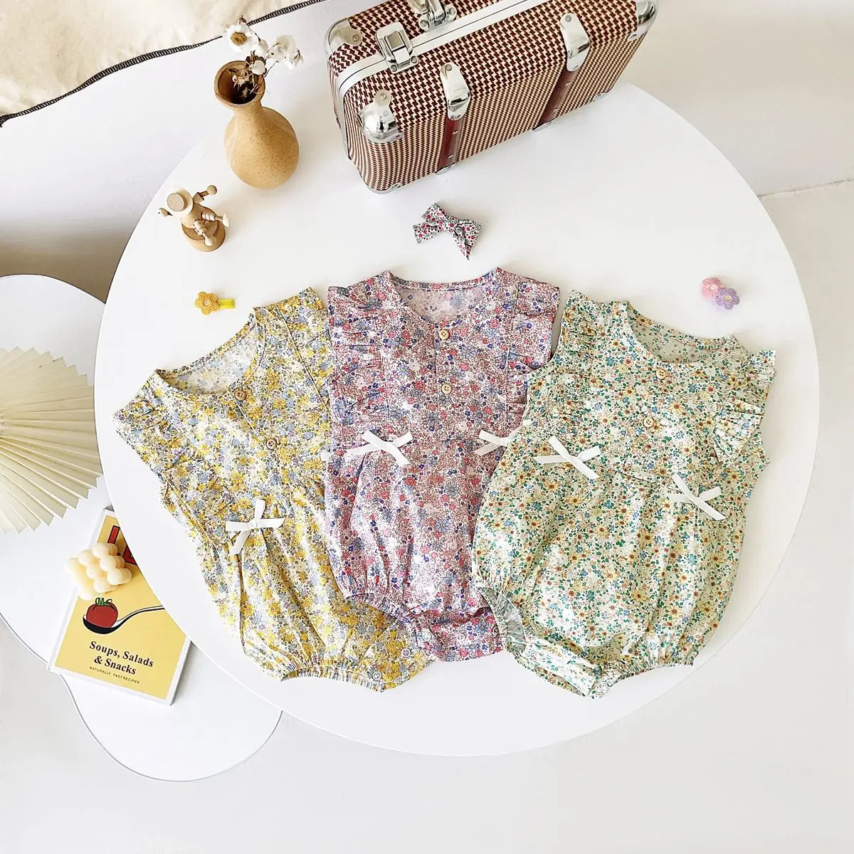 Baby Girl Floral Cotton Sleeveless Bow Bodysuit Romper