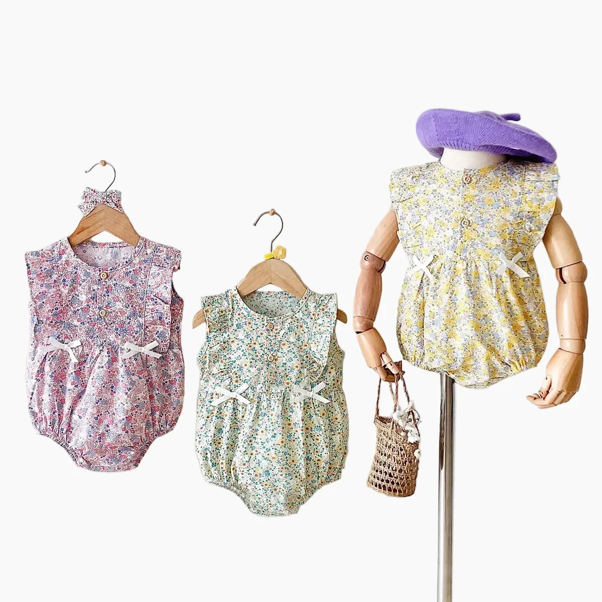 Baby Girl Floral Cotton Sleeveless Bow Bodysuit Romper