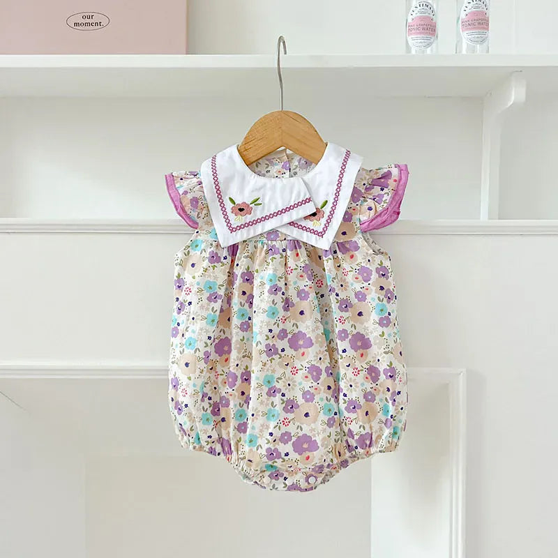 Baby Girl Floral Embroidery Square Collar Sleeveless Bodysuit | Newborn Jumpsuit