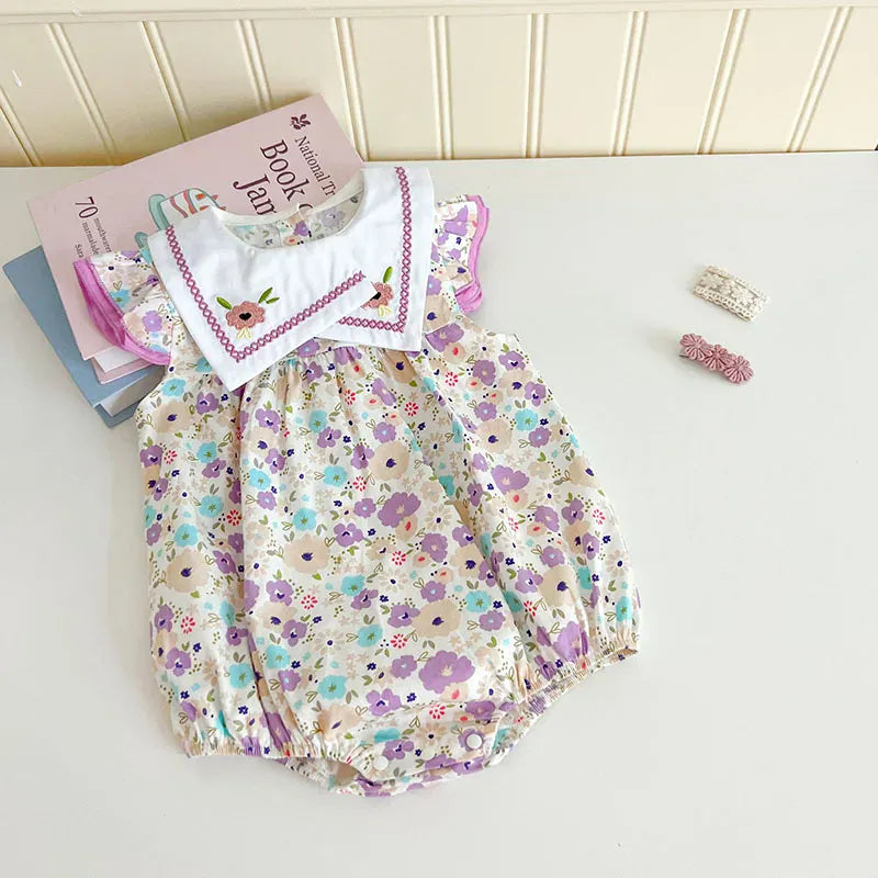 Baby Girl Floral Embroidery Square Collar Sleeveless Bodysuit | Newborn Jumpsuit