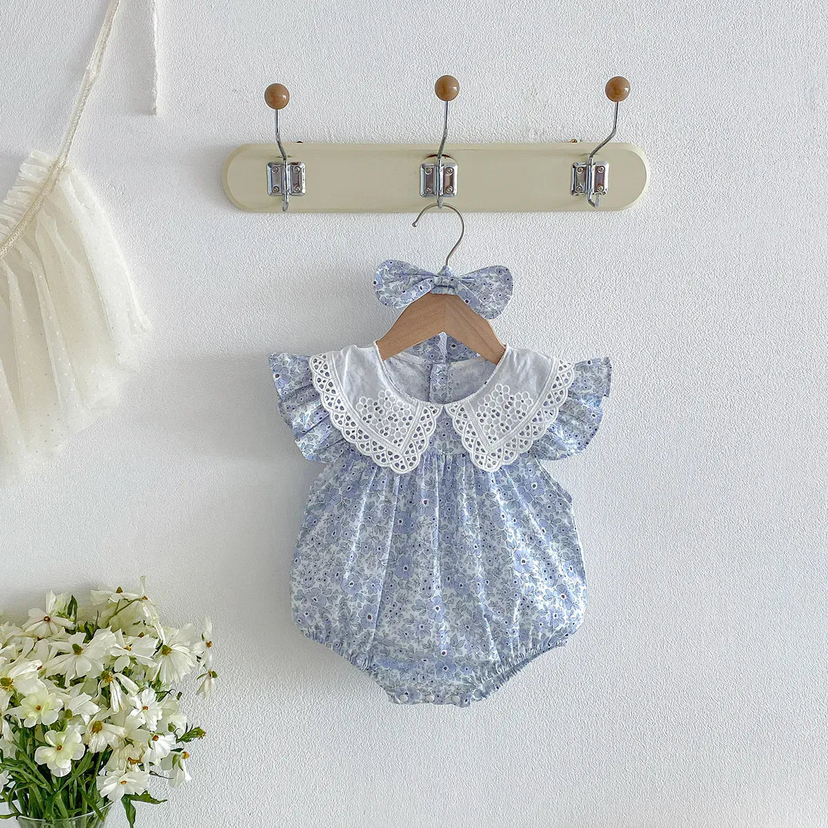 Baby Girl Floral Lace Doll Collar Flutter Sleeve Romper & Headband Set