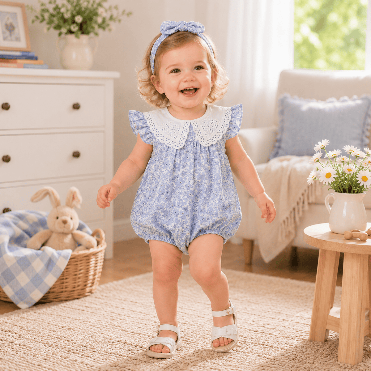 Baby Girl Floral Lace Doll Collar Flutter Sleeve Romper & Headband Set