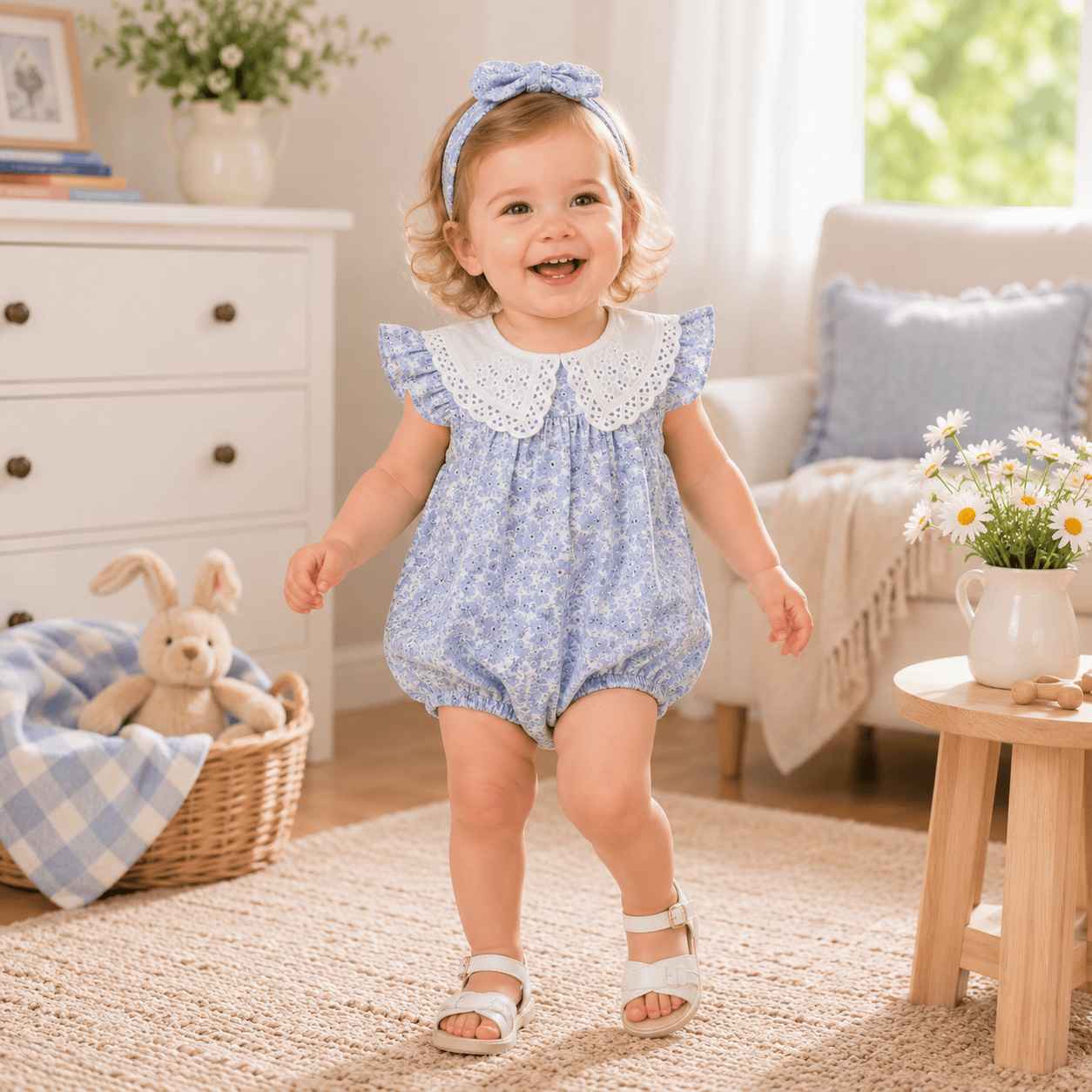 Baby Girl Floral Lace Doll Collar Flutter Sleeve Romper & Headband Set