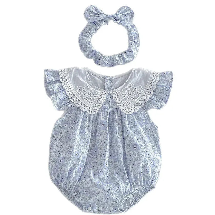 Baby Girl Floral Lace Doll Collar Flutter Sleeve Romper & Headband Set
