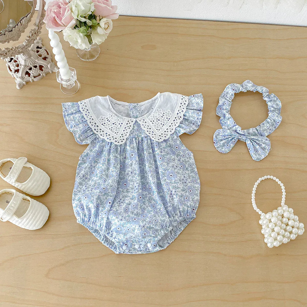 Baby Girl Floral Lace Doll Collar Flutter Sleeve Romper & Headband Set