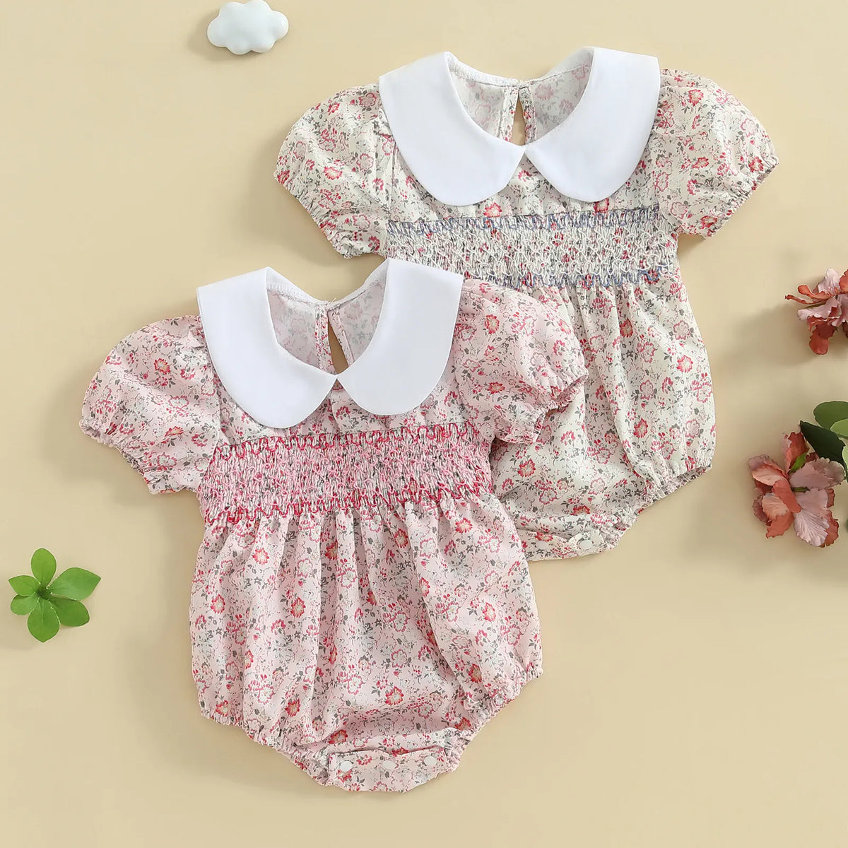 Baby Girl Floral Smocked Doll Collar Puff Sleeve Romper