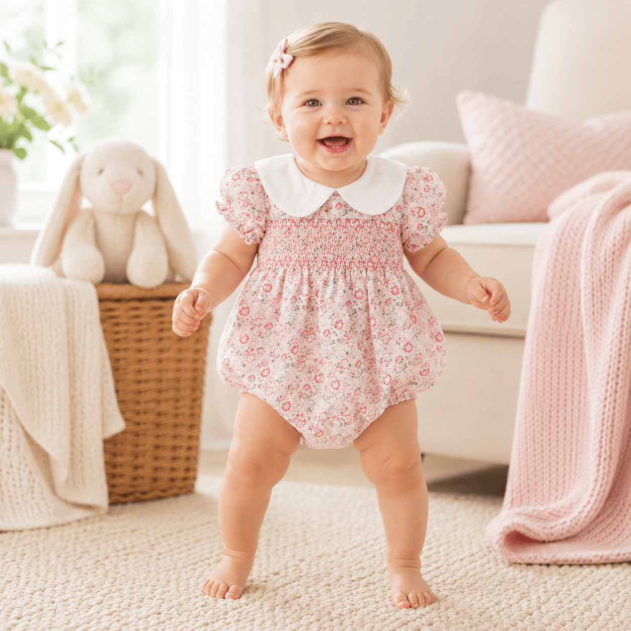 Baby Girl Floral Smocked Doll Collar Puff Sleeve Romper