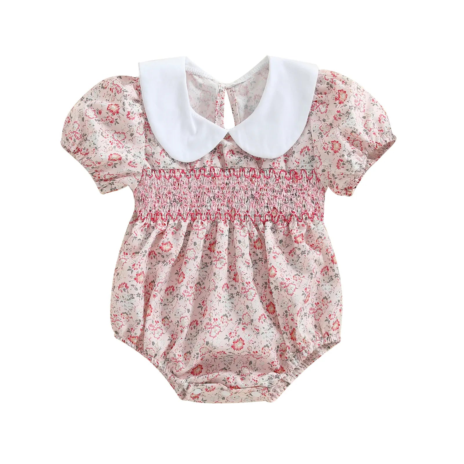Vintage Rose / 0-3M Baby Girl Floral Smocked Doll Collar Puff Sleeve Romper