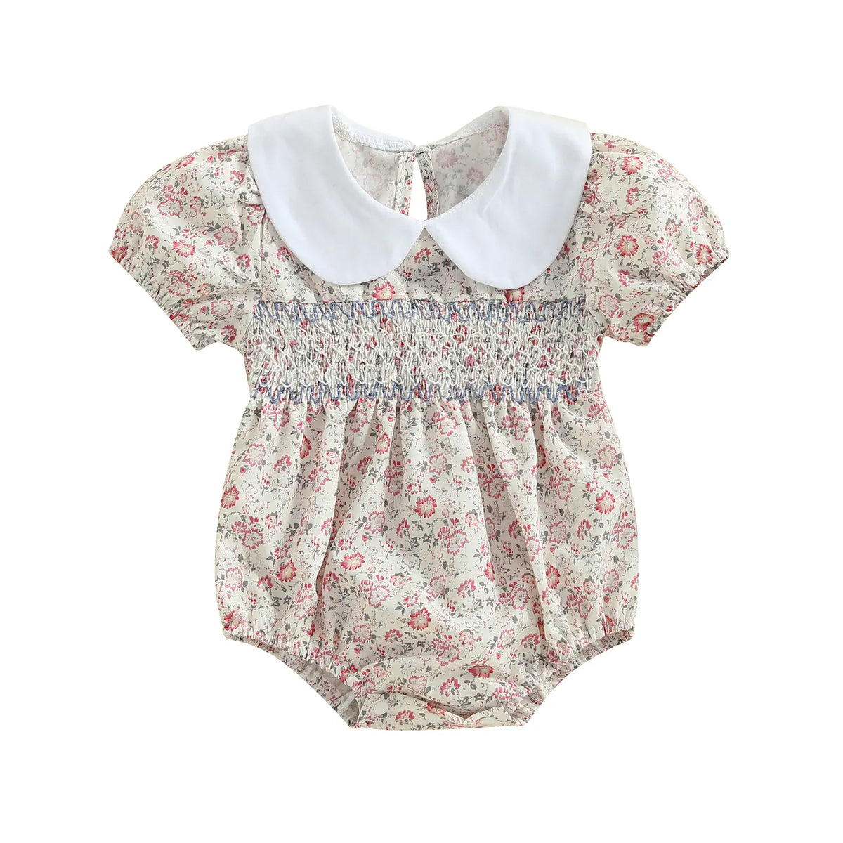 Ivory Blossom / 0-3M Baby Girl Floral Smocked Doll Collar Puff Sleeve Romper