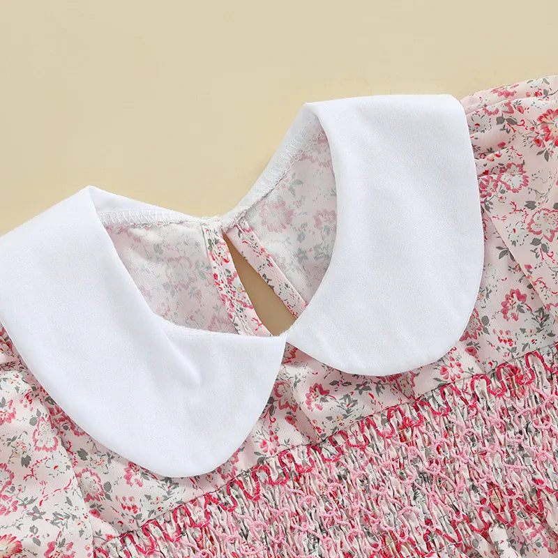 Baby Girl Floral Smocked Doll Collar Puff Sleeve Romper
