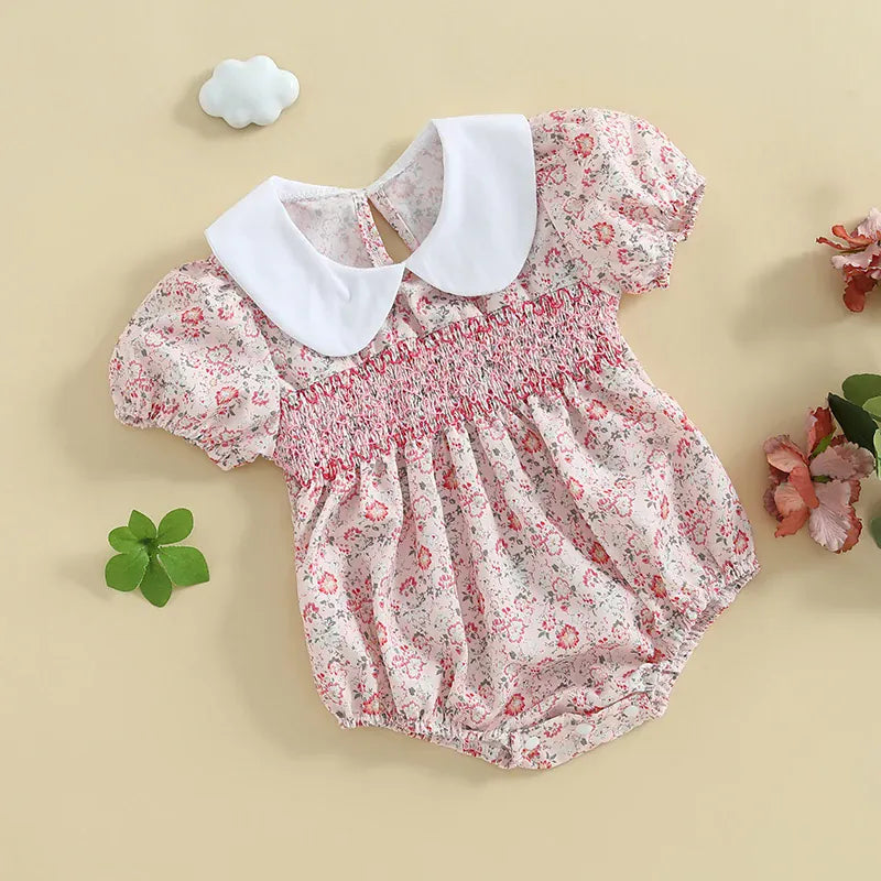 Baby Girl Floral Smocked Doll Collar Puff Sleeve Romper
