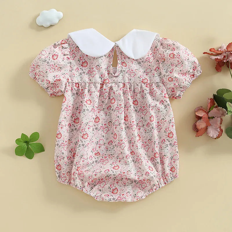 Baby Girl Floral Smocked Doll Collar Puff Sleeve Romper