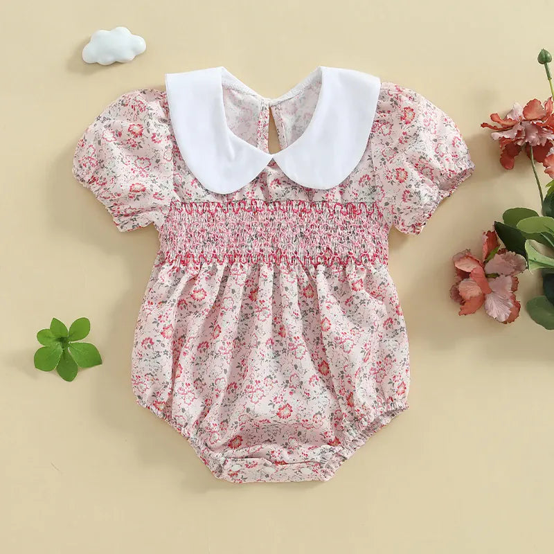 Baby Girl Floral Smocked Doll Collar Puff Sleeve Romper