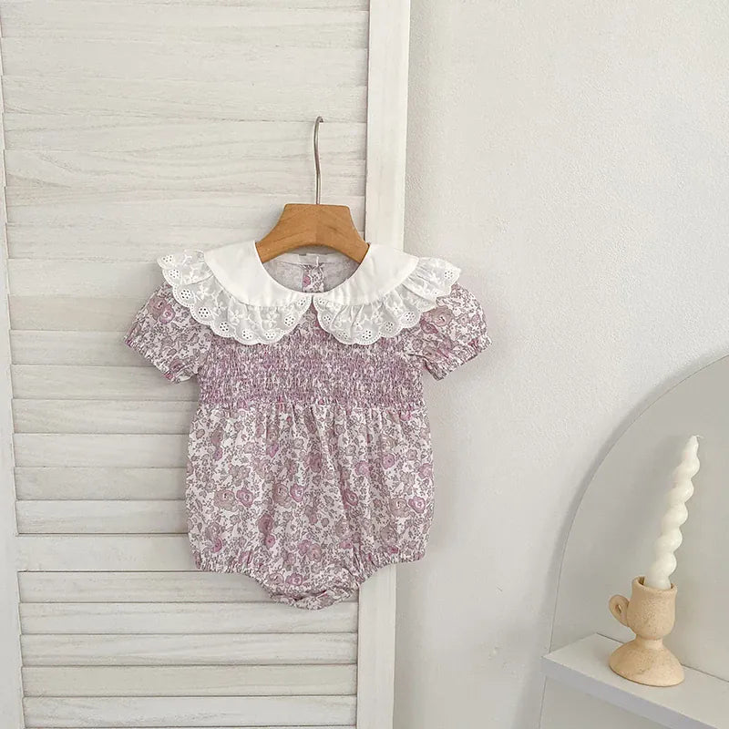 Purple / 3M Baby Girl Floral Smocked Lace Collar Cotton Romper