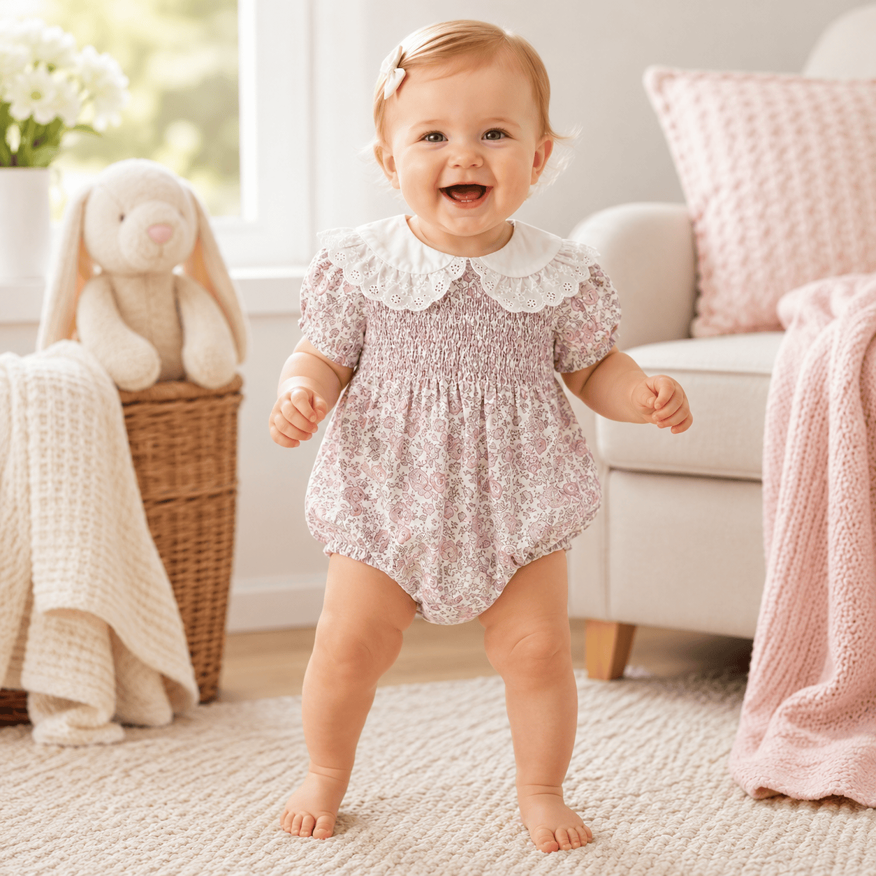 Baby Girl Floral Smocked Lace Collar Cotton Romper