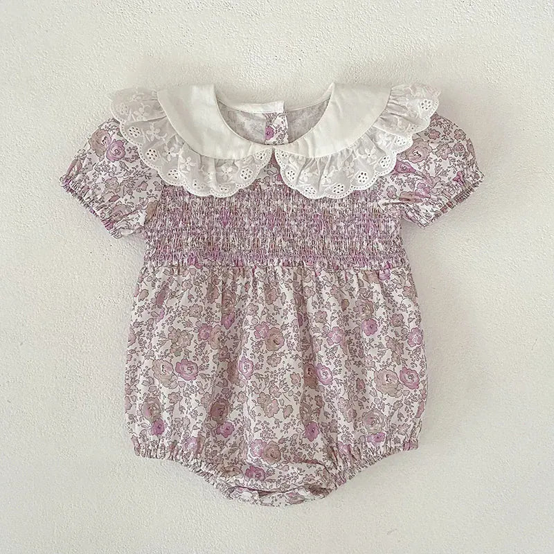 Baby Girl Floral Smocked Lace Collar Cotton Romper