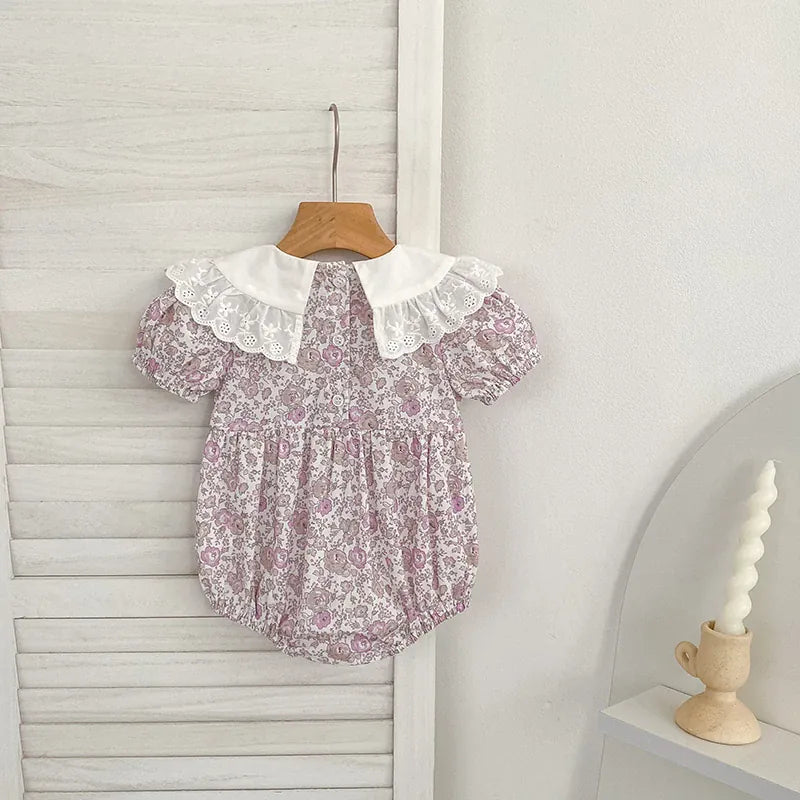 Baby Girl Floral Smocked Lace Collar Cotton Romper