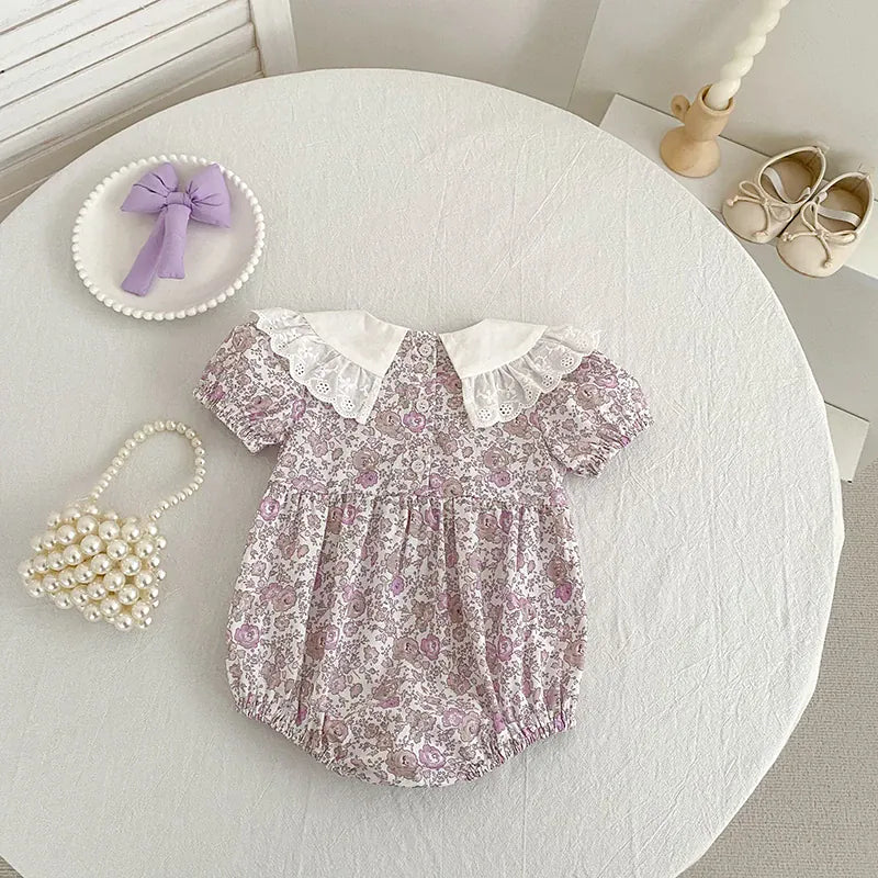 Baby Girl Floral Smocked Lace Collar Cotton Romper