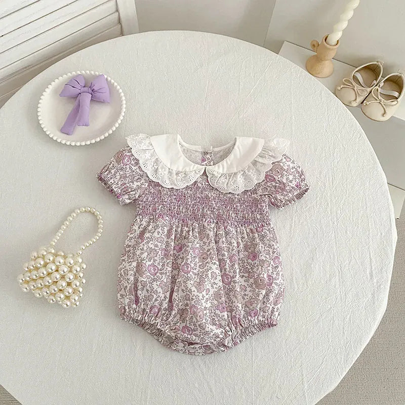 Baby Girl Floral Smocked Lace Collar Cotton Romper