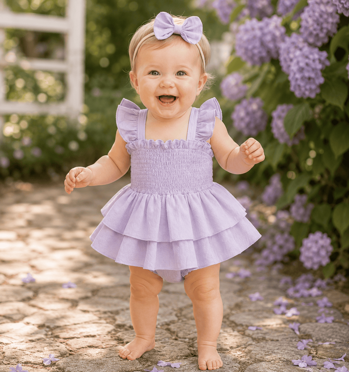 Baby Girl Fly Sleeve Solid Layered Romper Dress with Bow Headband