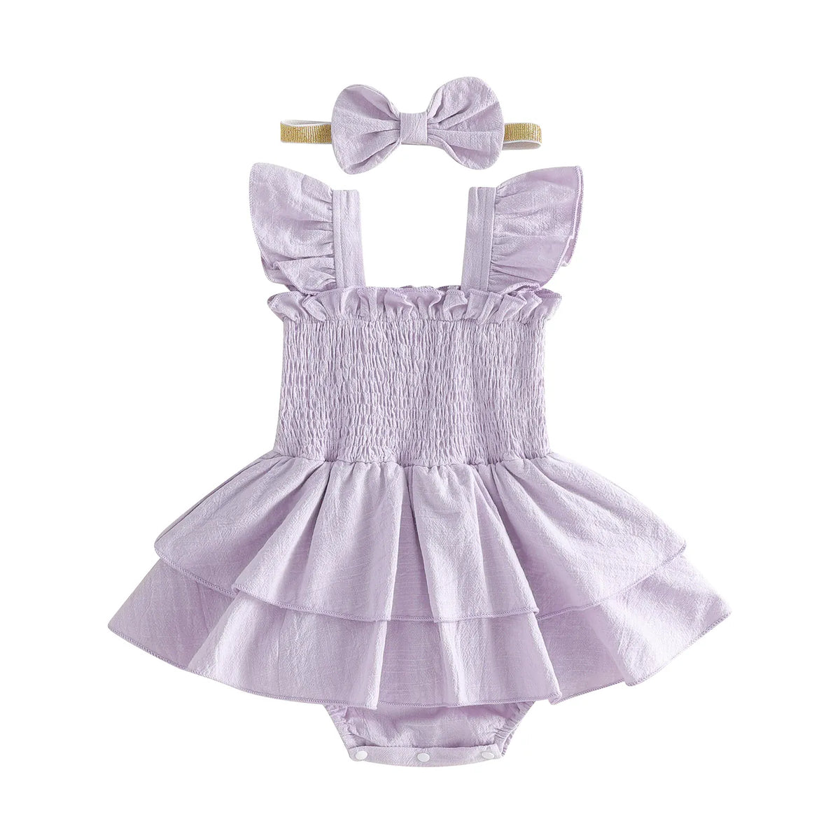 Lavender / 0-3M Baby Girl Fly Sleeve Solid Layered Romper Dress with Bow Headband