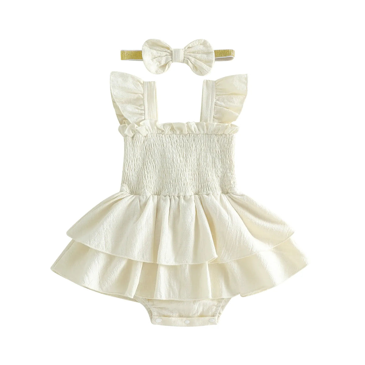 Ivory / 0-3M Baby Girl Fly Sleeve Solid Layered Romper Dress with Bow Headband