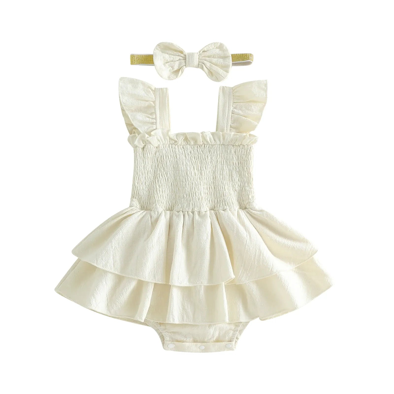 Ivory / 0-3M Baby Girl Fly Sleeve Solid Layered Romper Dress with Bow Headband