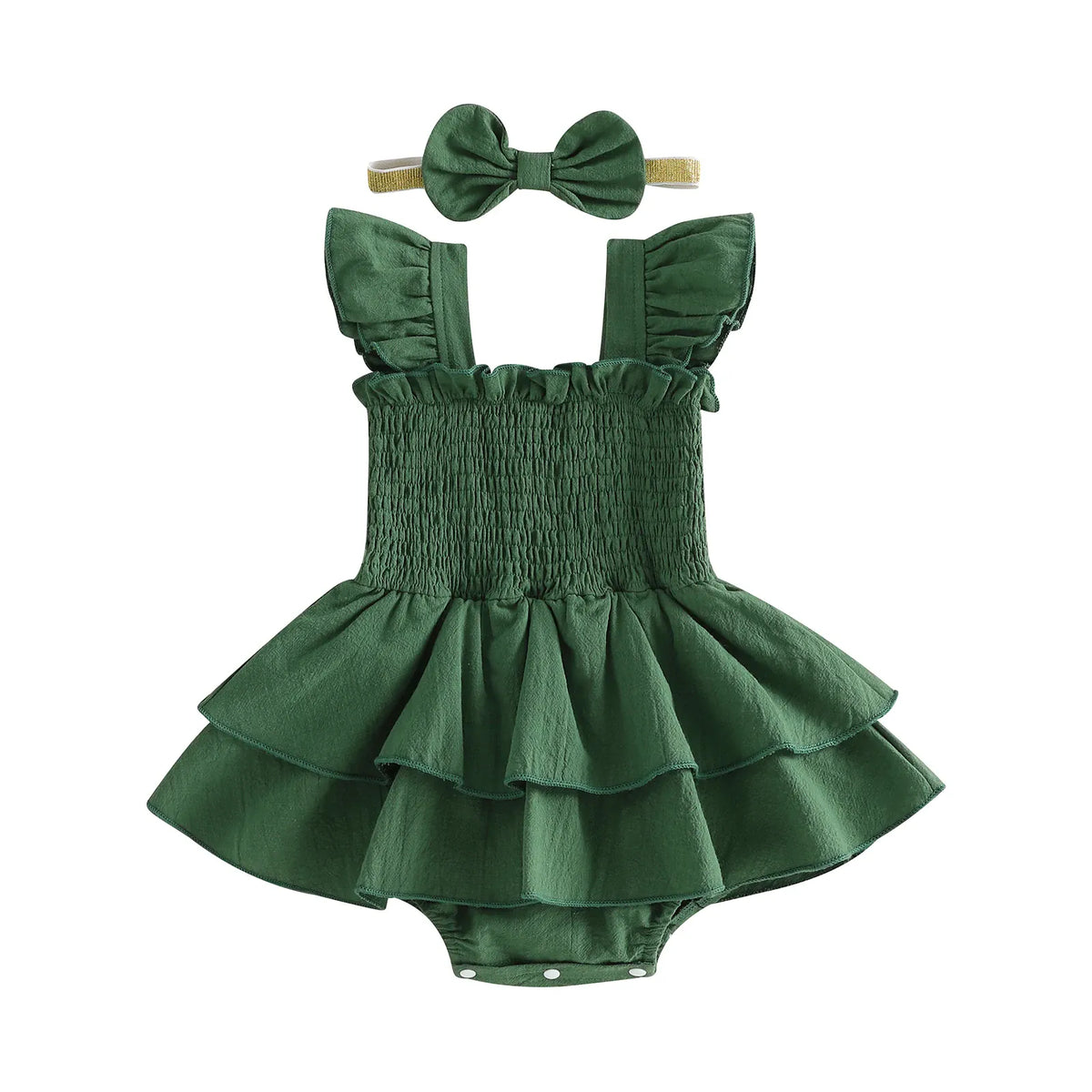 Forest Green / 0-3M Baby Girl Fly Sleeve Solid Layered Romper Dress with Bow Headband