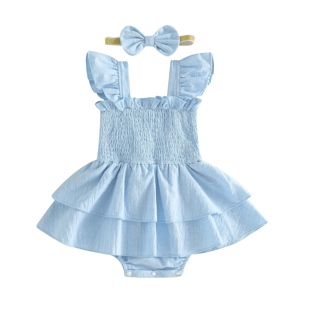 Powder Blue / 0-3M Baby Girl Fly Sleeve Solid Layered Romper Dress with Bow Headband