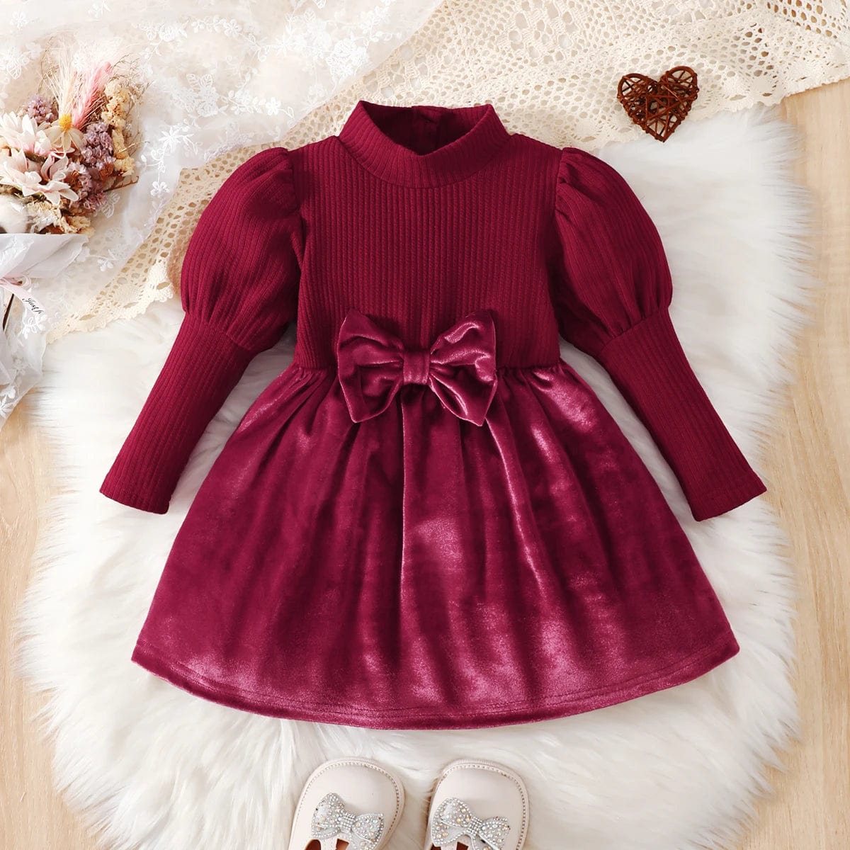 fitted lace wedding dress long sleeve skinny bow dress | little red main image 0