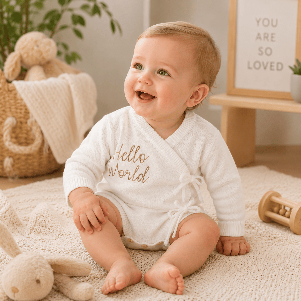 Baby Girl Knit Sweater Romper with Gold Letter Embroidery & Tie-Up Detail