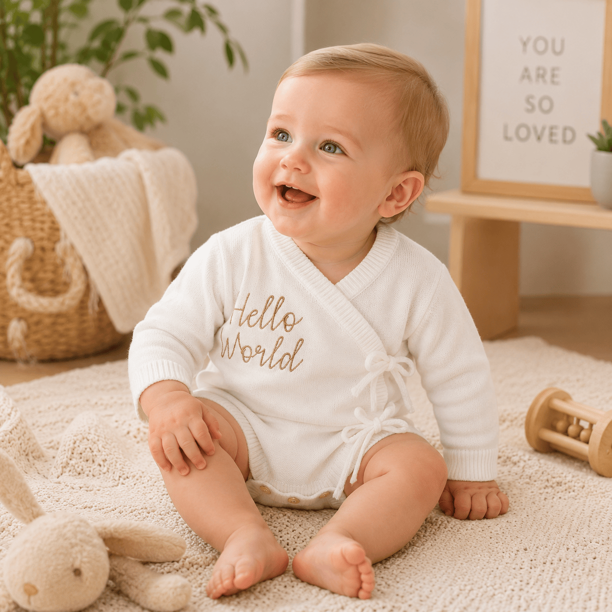 Baby Girl Knit Sweater Romper with Gold Letter Embroidery & Tie-Up Detail