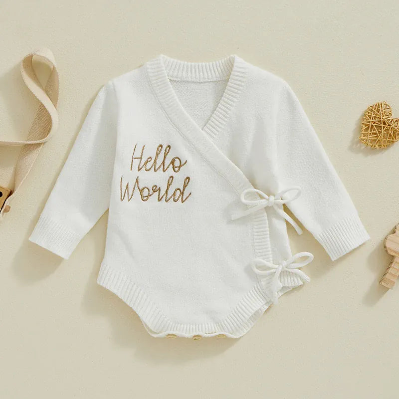 Baby Girl Knit Sweater Romper with Gold Letter Embroidery & Tie-Up Detail