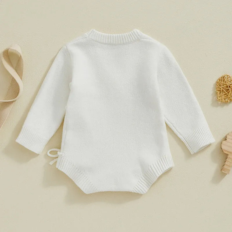 Baby Girl Knit Sweater Romper with Gold Letter Embroidery & Tie-Up Detail