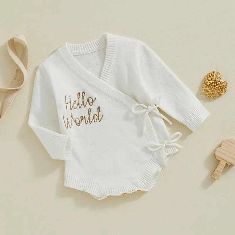Baby Girl Knit Sweater Romper with Gold Letter Embroidery & Tie-Up Detail
