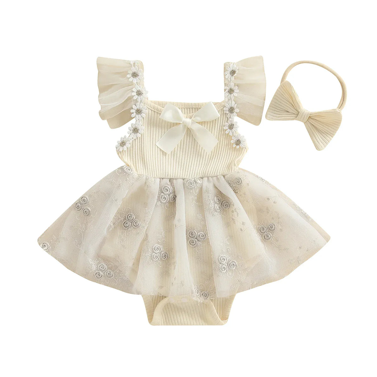 Beige / 3M Baby Girl Mesh Romper Dress