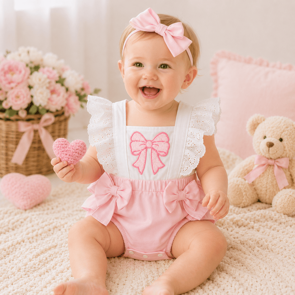 Baby Girl Puff Sleeve Romper Dress & Headband Set