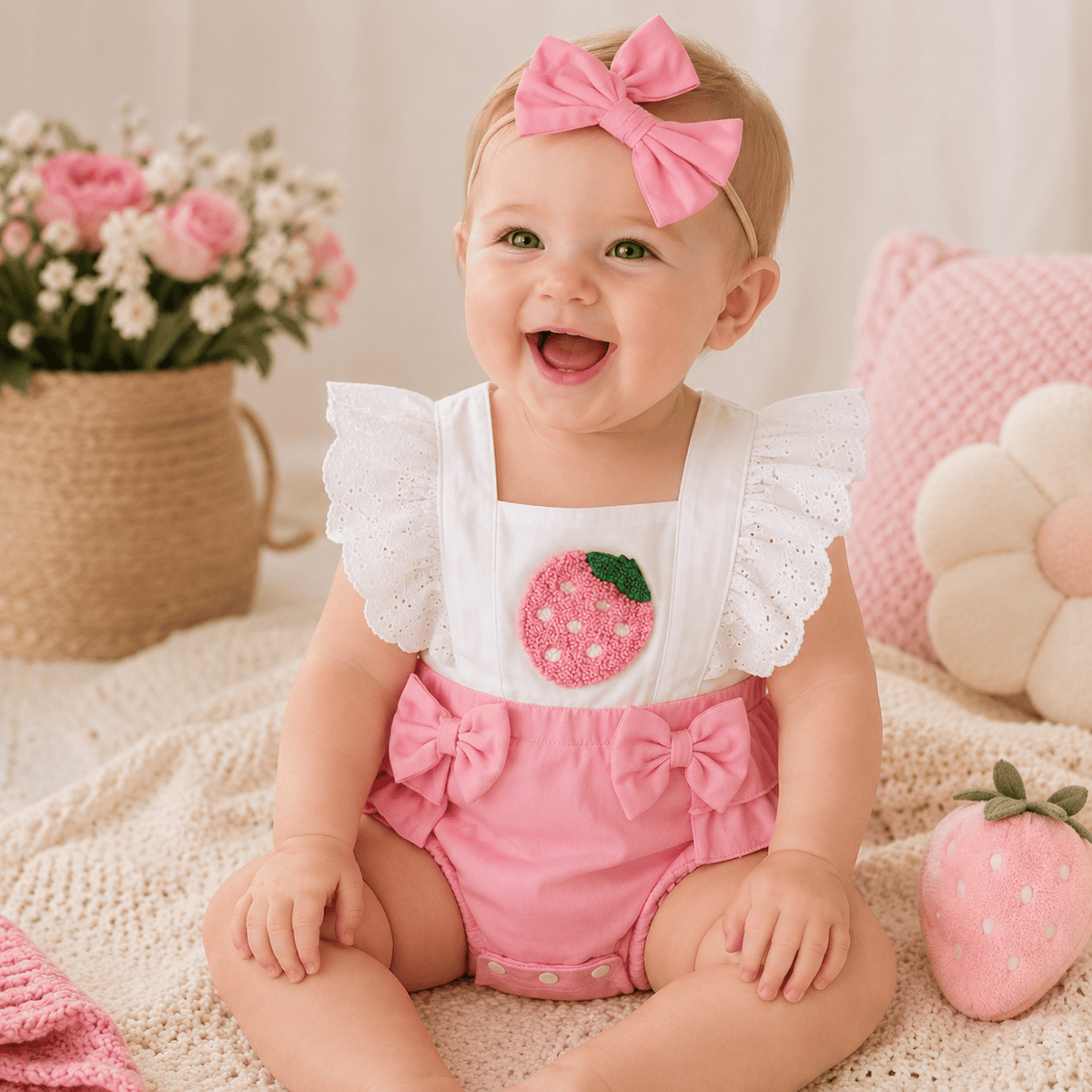 Baby Girl Puff Sleeve Romper Dress & Headband Set