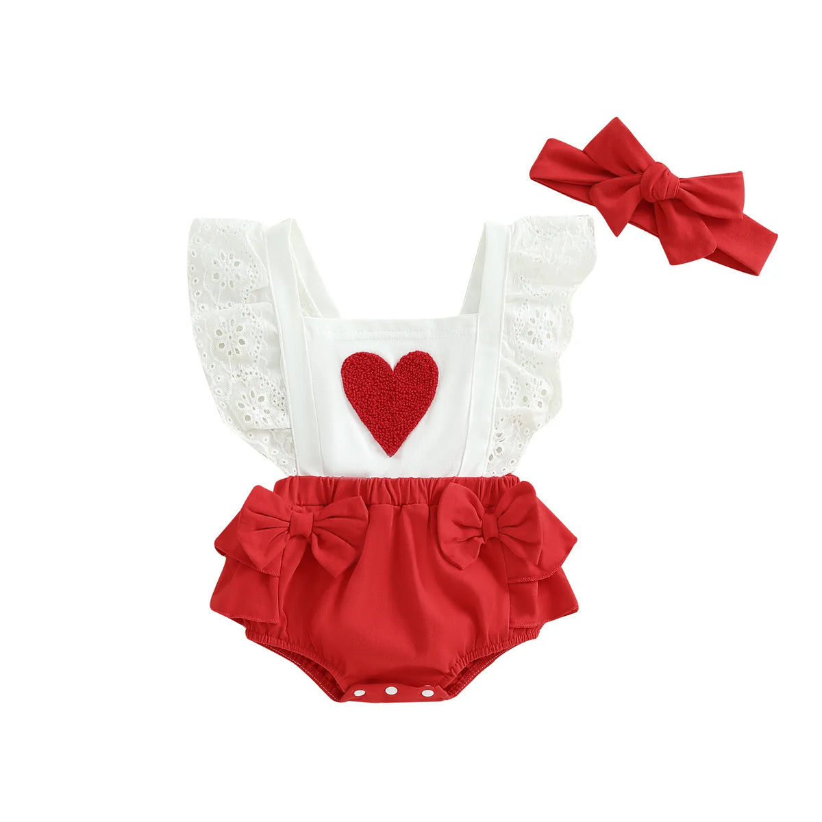 Heart Red / 0-3M Baby Girl Puff Sleeve Romper Dress &amp; Headband Set