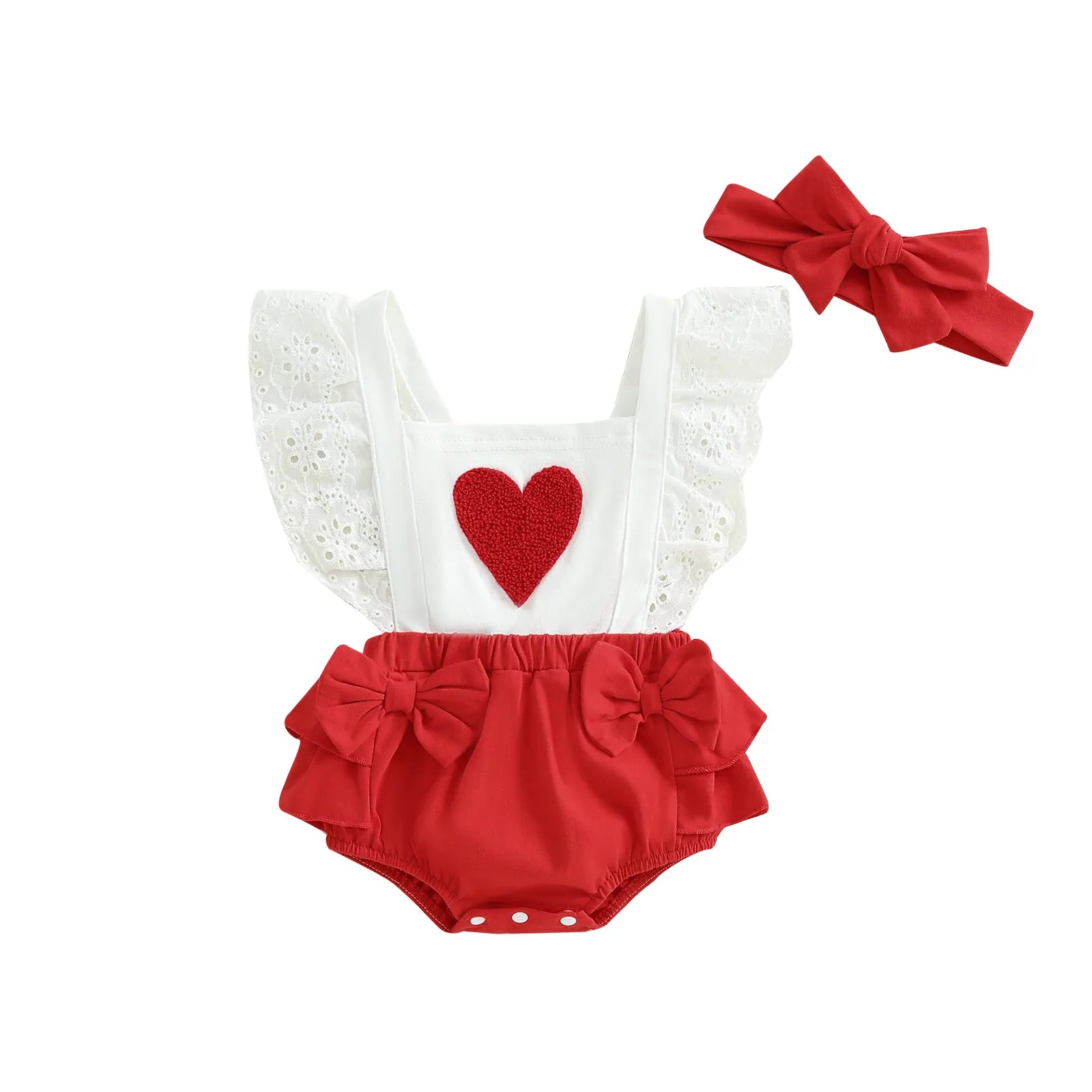 Heart Red / 0-3M Baby Girl Puff Sleeve Romper Dress & Headband Set