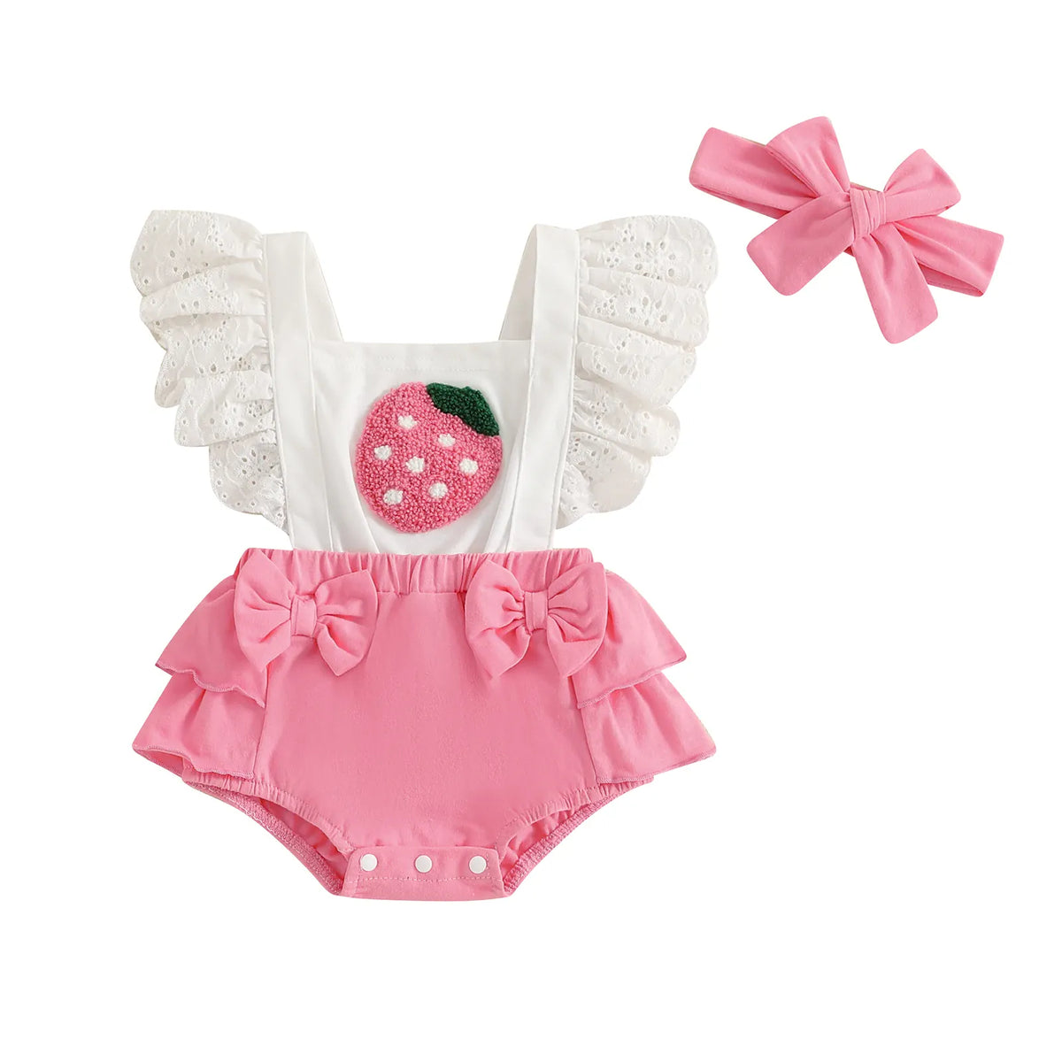 Strawberry Pink / 6-12M Baby Girl Puff Sleeve Romper Dress &amp; Headband Set