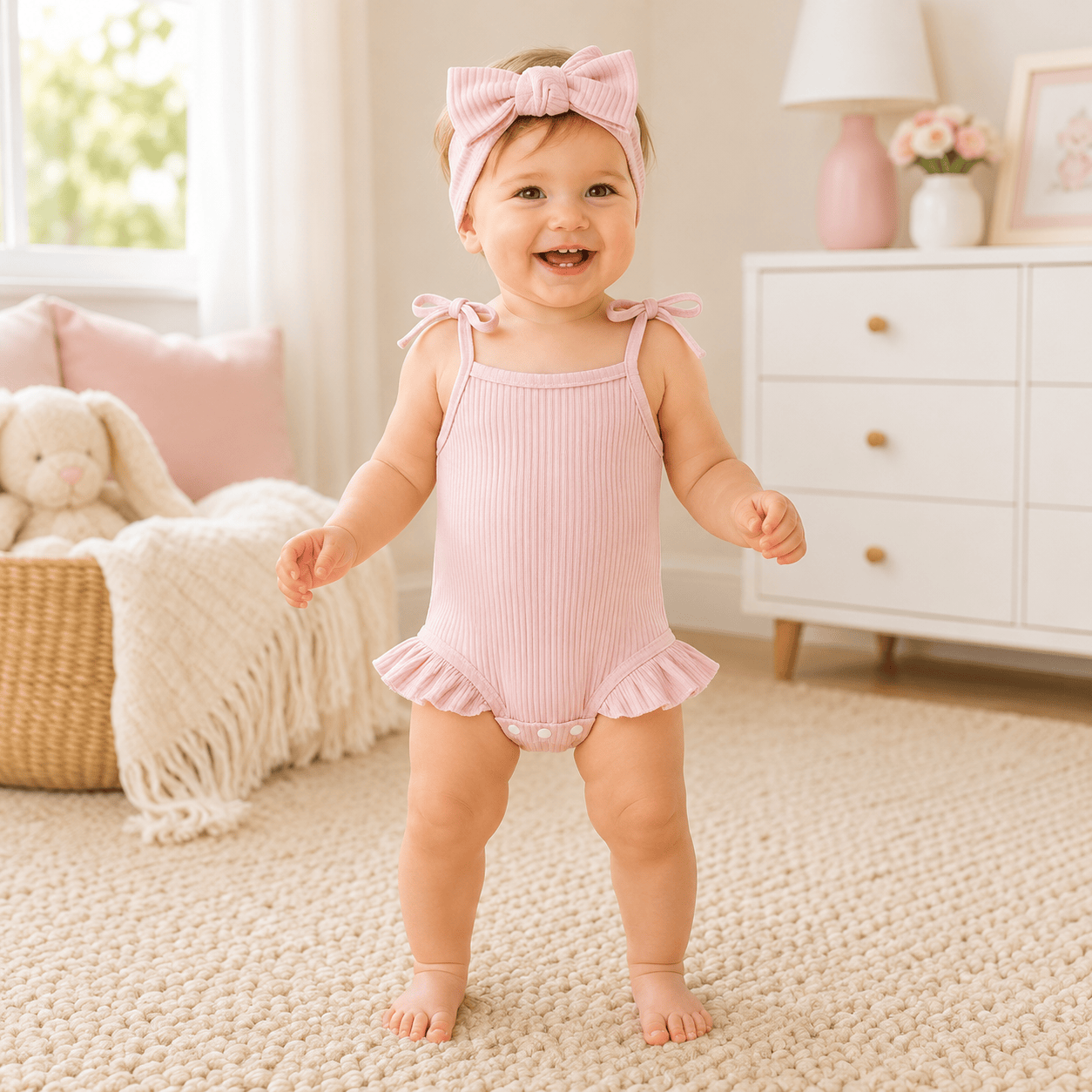 Baby Girl Ribbed Knit Tie-Up Strap Ruffle Romper & Headband Set