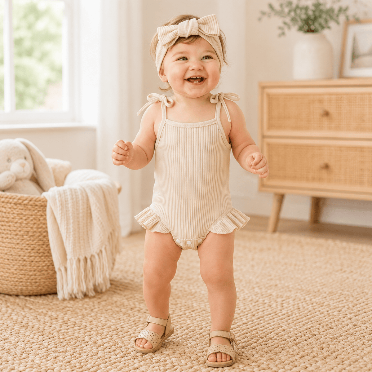 Baby Girl Ribbed Knit Tie-Up Strap Ruffle Romper & Headband Set