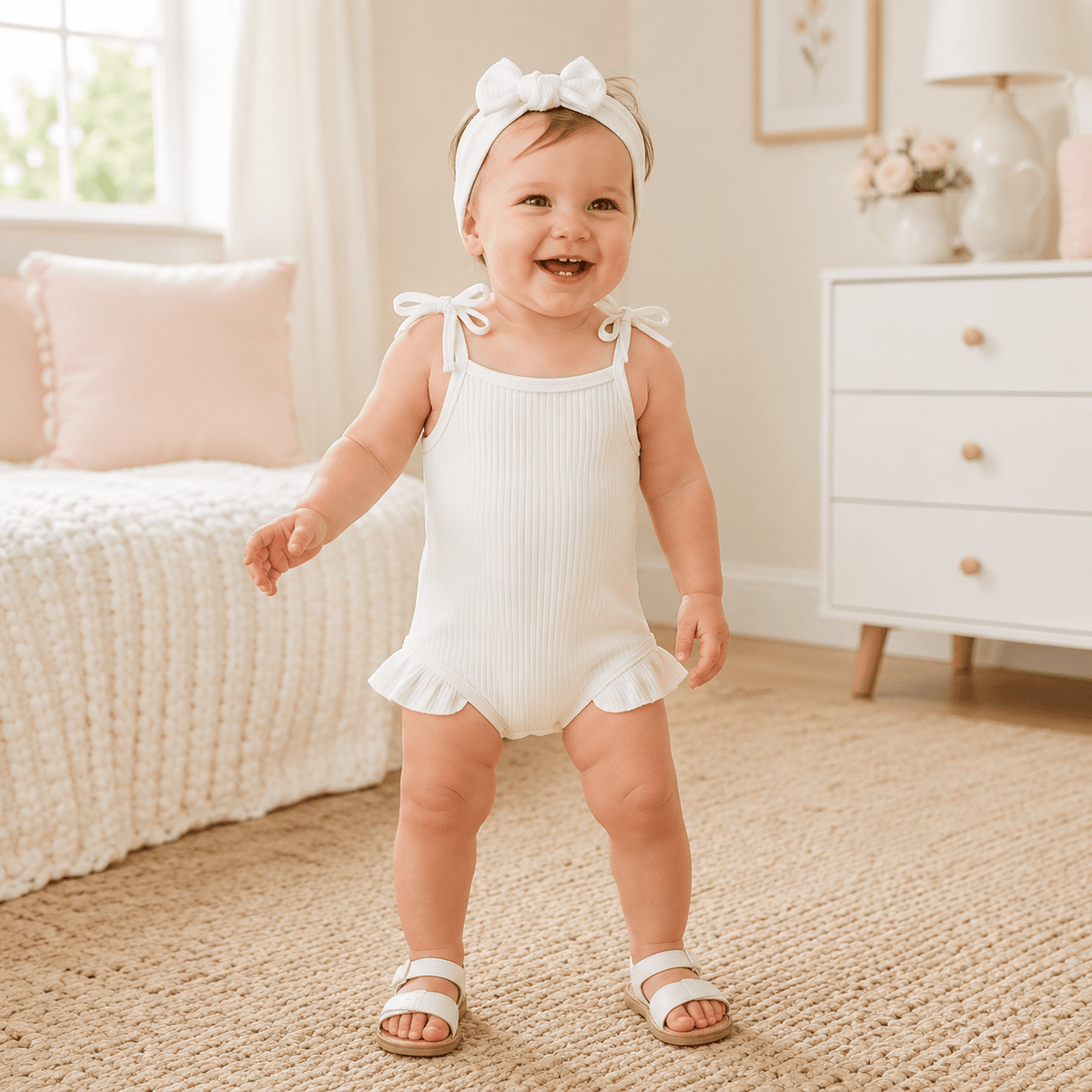 Baby Girl Ribbed Knit Tie-Up Strap Ruffle Romper & Headband Set