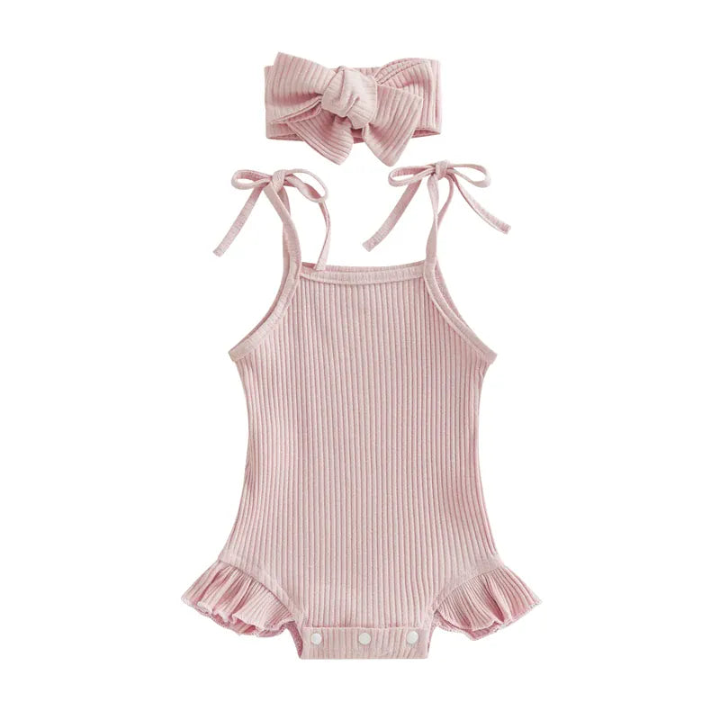 Pink / 0-3M Baby Girl Ribbed Knit Tie-Up Strap Ruffle Romper & Headband Set