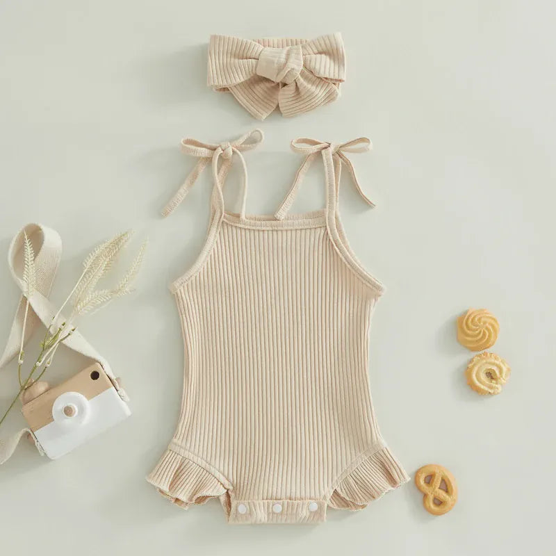 Baby Girl Ribbed Knit Tie-Up Strap Ruffle Romper & Headband Set