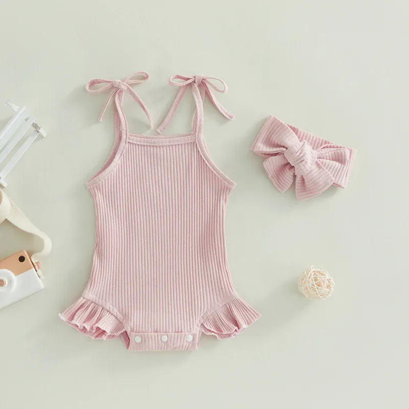 Baby Girl Ribbed Knit Tie-Up Strap Ruffle Romper & Headband Set