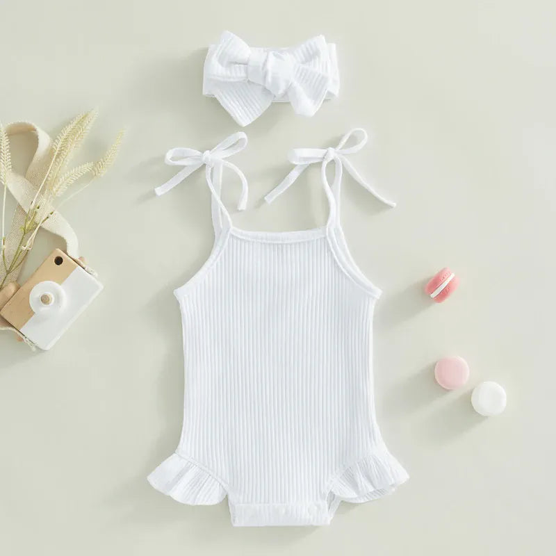 Baby Girl Ribbed Knit Tie-Up Strap Ruffle Romper & Headband Set